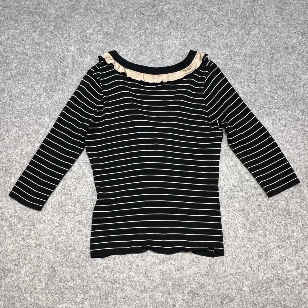 CAbi Flirt Striped Ruffle Cardigan Sweater Womens Small Black Cream 3/4 Sleeve
